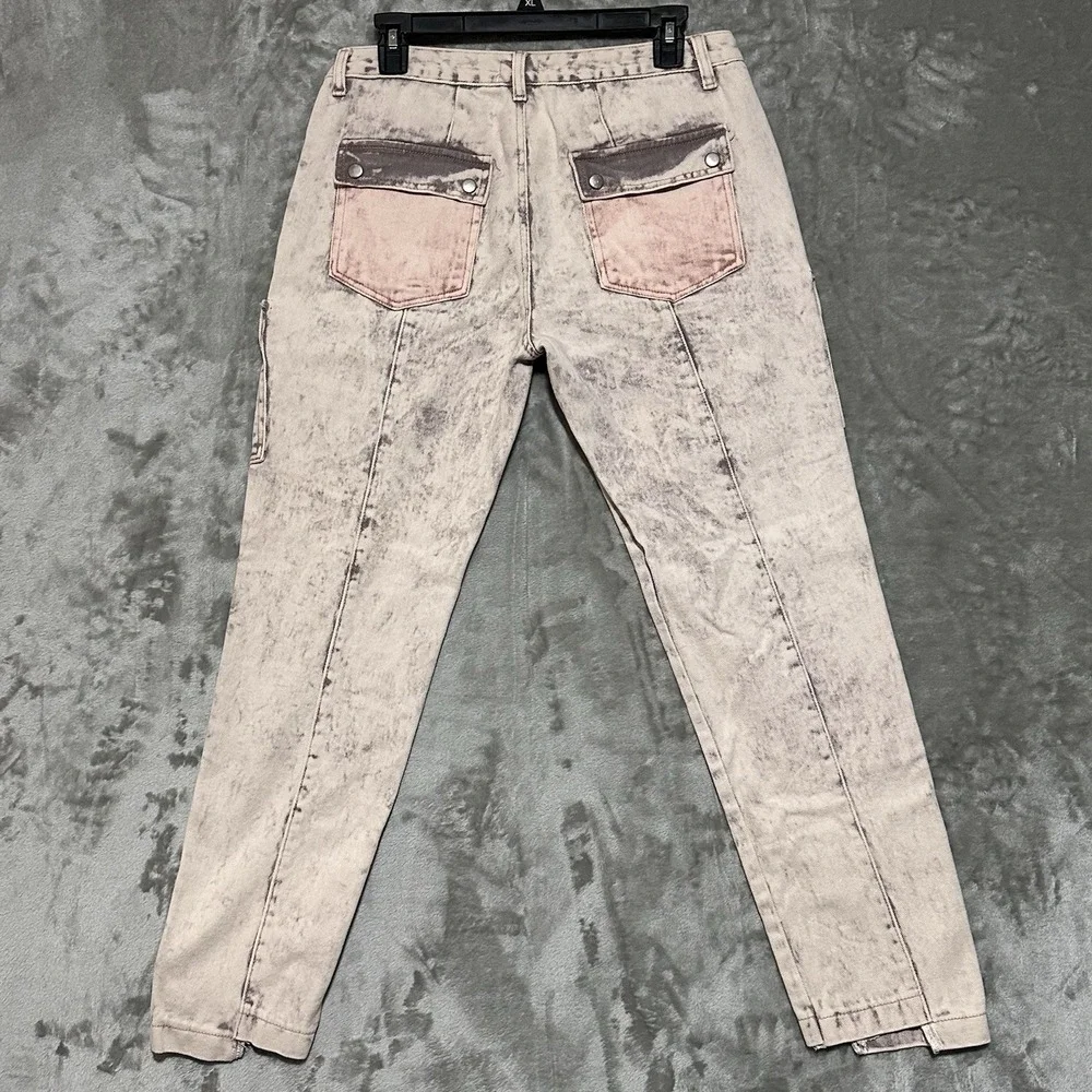 POL Cargo Pocket Pink Detail Light Acid Wash Jeans Womens Sz L Relaxed Fit Boho